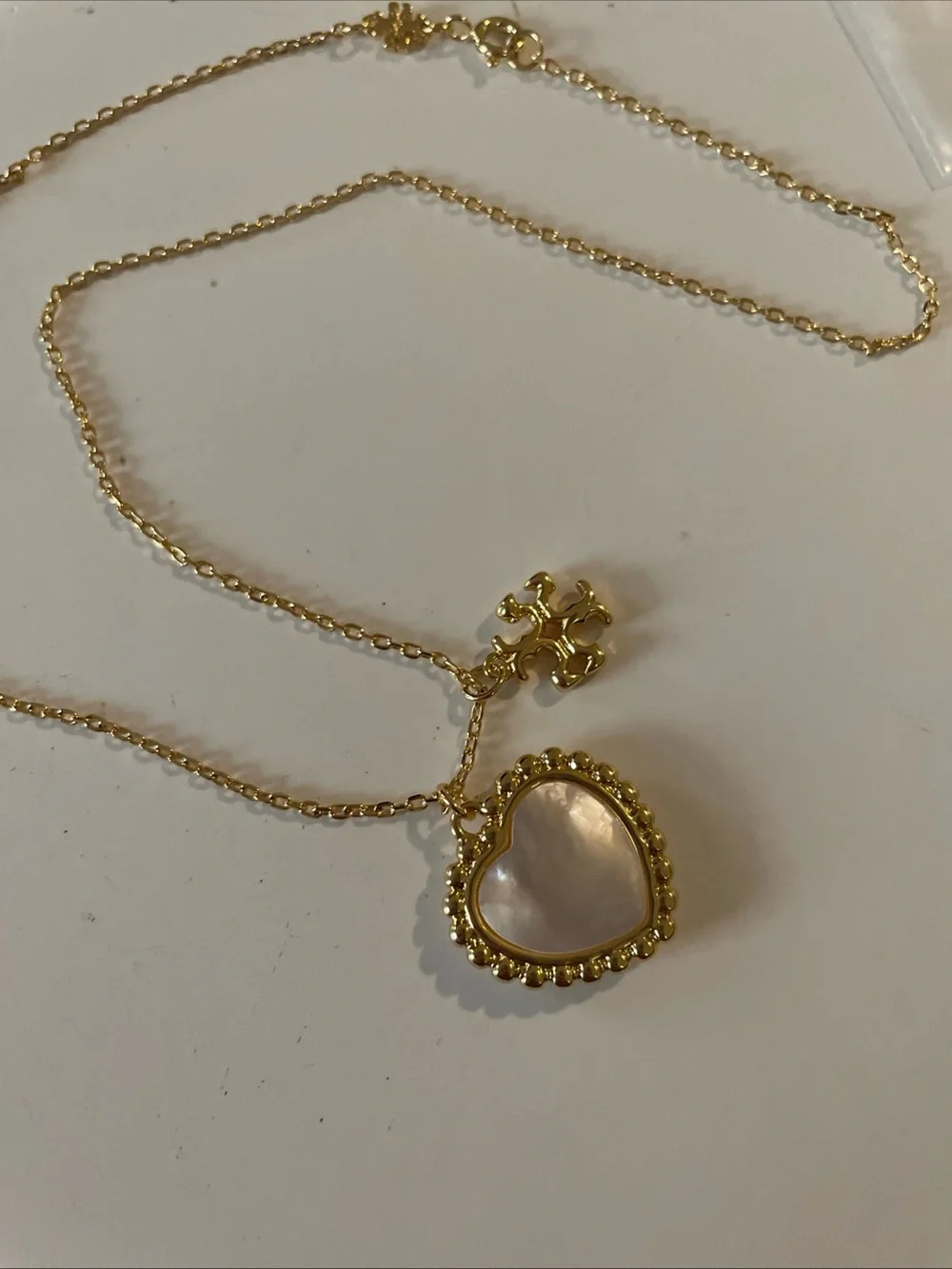 Tory Burch Gold Heart Pendant Necklace with Mother-of-Pearl Inlay